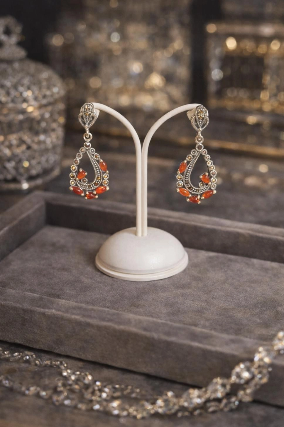 Markazit Taşlı Ve Akik Taşlı Küpe