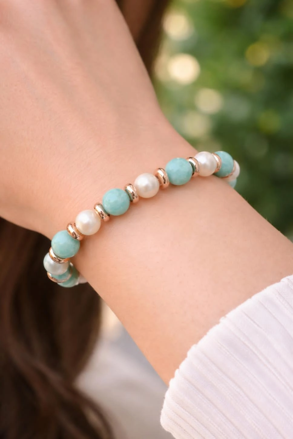 Amozanit Taşlı Ve İnci Taşlı Bileklik