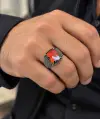 Kırmızı Zirkon Taşlı Tasarım Erkek Yüzük 